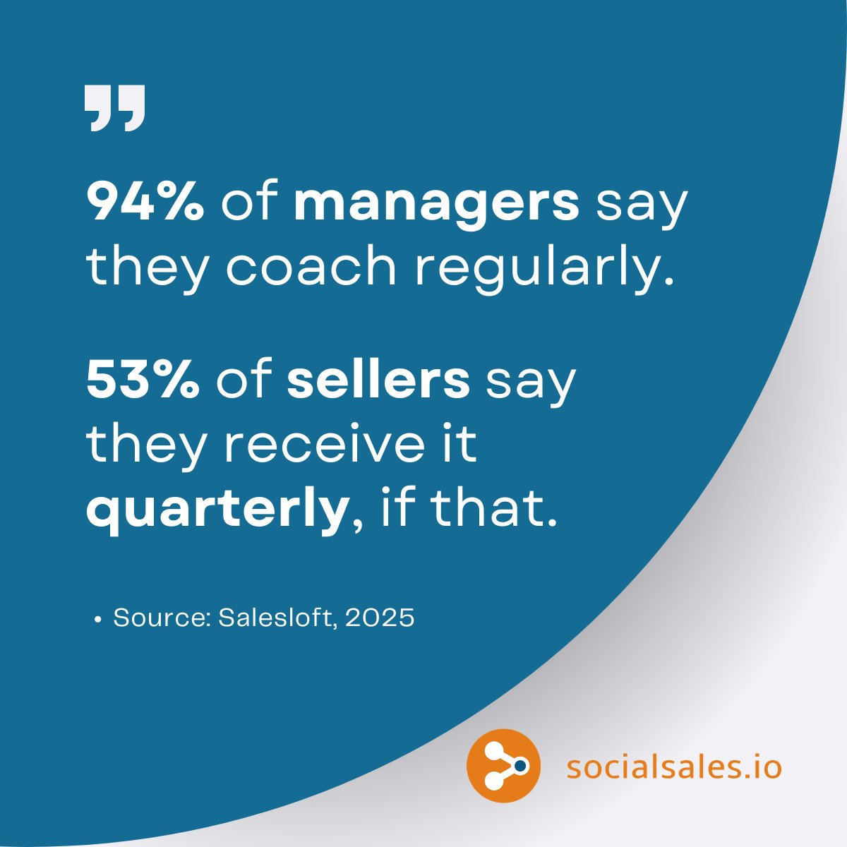 socialsalesio's tweet photo. Your annual kickoff is not a coaching strategy. 
It's a starting line. 

What happens on Monday is what actually decides performance.

94% of managers say they coach regularly. 
53% of sellers say they get it quarterly, if that.

That gap doesn't exist because managers don't care. It exists because coaching at scale, in context, close to the moment, has never been something one leader could actually deliver.

The research is clear on this. If you want execution a month later, you need reinforcement built for month-later recall. A single event, no matter how well produced, doesn't produce that. Review creates familiarity. Retrieval creates durability. Those aren't the same thing.

Always-On Coaching fixes this. Not more webinars. Not bigger content libraries. A system that puts the right guidance in front of the right seller close to the actual moment of need and closes the feedback loop while the attempt is still fresh.

AI changes the economics of that work. But the orgs that pull ahead won't have the biggest kickoff or the most AI activity. They'll be the ones that make the Monday after kickoff stronger than the event itself.

Full piece here: https://t.co/lvSRl89Kpp