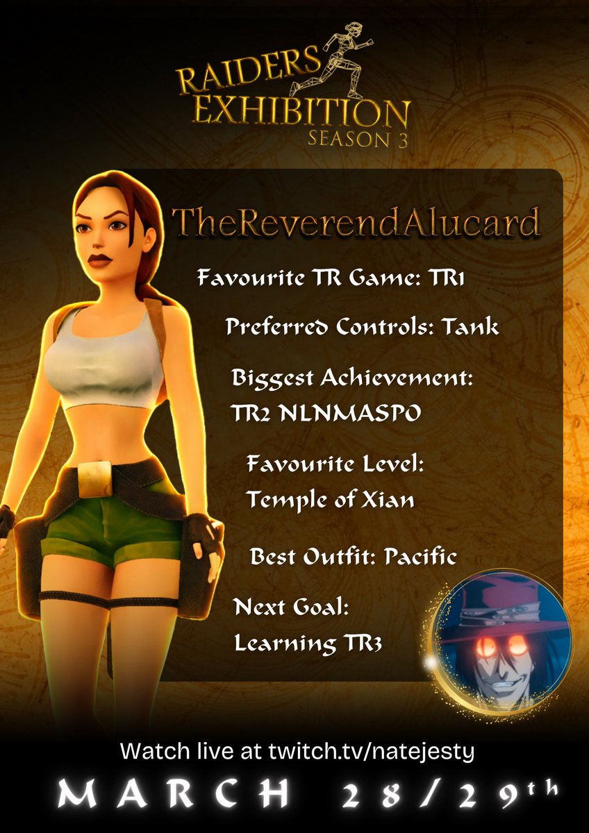 RaidersExhib's tweet photo. Another one of our participants in Season 3 is TheReverandAlucard 

Look at his stat card here to learn more about Alu and his Tomb Raider journey heading into Season 3! https://t.co/dCgB0n4ncz
