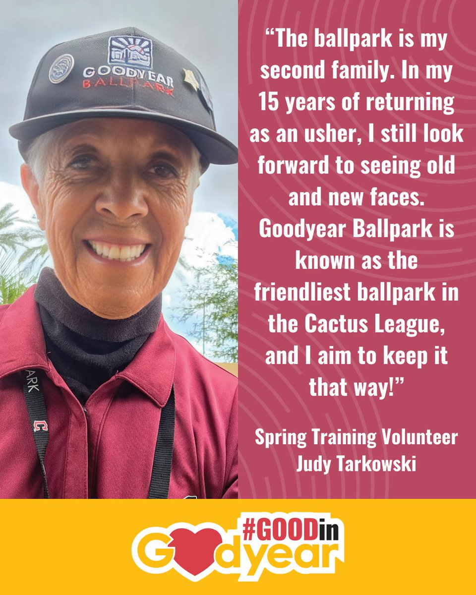 GoodyearAZGov's tweet photo. Spring training wouldnโt be the same without our amazing volunteers! Their energy and hospitality make Goodyear Ballpark shine. Thanks for bringing the heart to every game day! โค๏ธ
#GoodInGoodyear #GoodyearAZ #CityofGoodyear
@GoodyearBP @cactusleagueaz https://t.co/7W65P8tYed