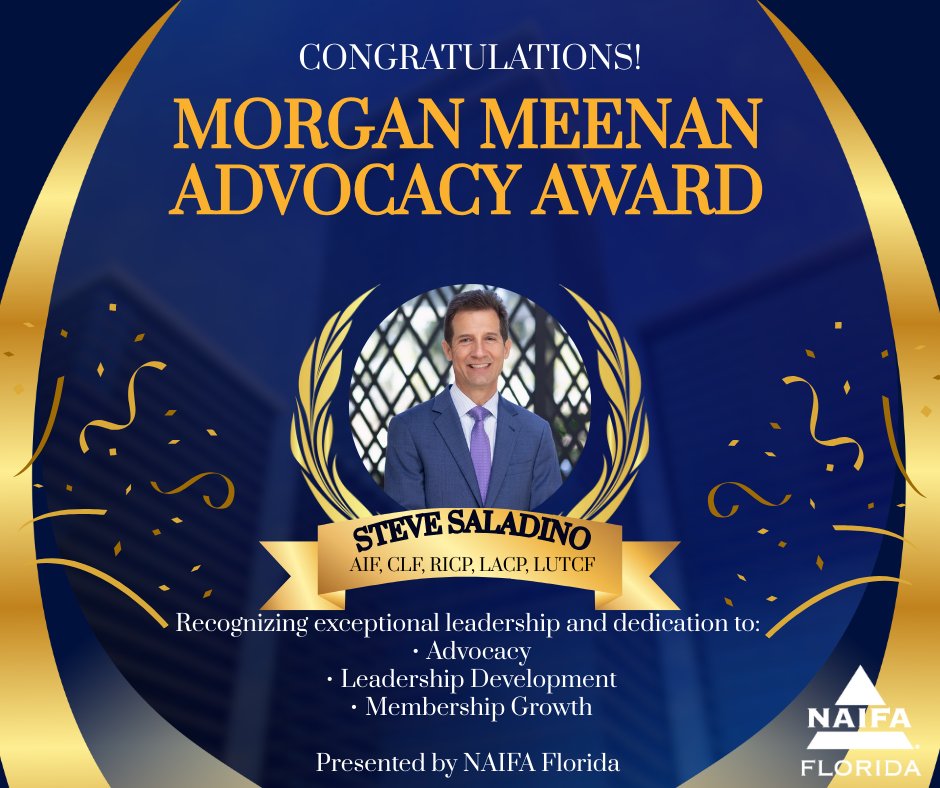 Congratulations to Steve Saladino, recipient of the 2026 Morgan-Meenan Advocacy Award. Thank you, Steve, for your leadership, passion, &amp; continued commitment to strengthening NAIFA &amp; the advisors we serve. Learn more: hubs.ly/Q046Y7lN0

#NAIFAFlorida  #Leadership #Advocacy