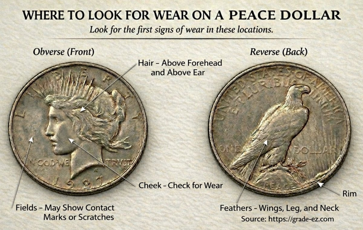 Grade_EZ's tweet photo. The 5-Second Peace Dollar Grading Check
Here's where to look for wear on a Peace dollar.
#Peacedollar #Coingrading #Coincollecting https://t.co/E3H9oStSBh