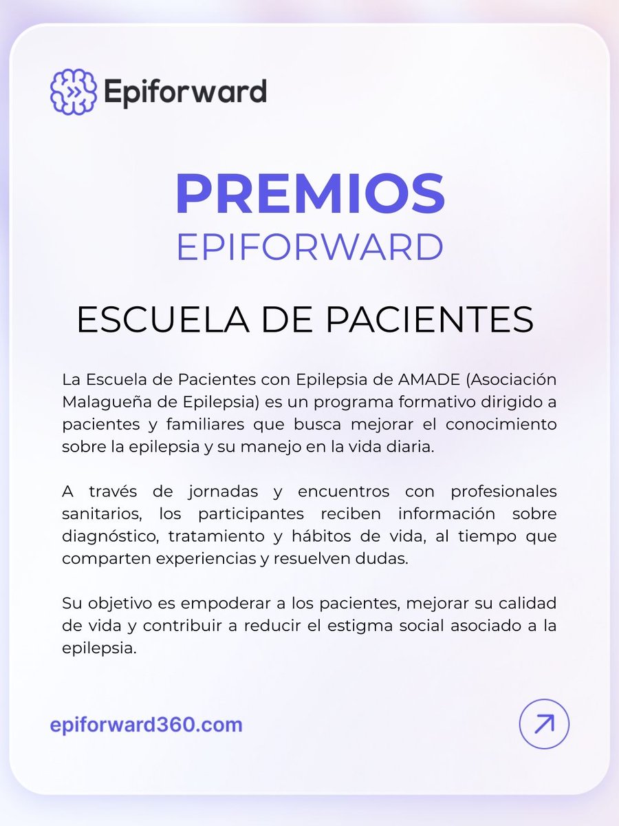 fedeepilepsia's tweet photo. 🏆 𝗣𝗿𝗲𝗺𝗶𝗼𝘀 𝗘𝗽𝗶𝗳𝗼𝗿𝘄𝗮𝗿𝗱
📂 Categoría Proyectos
💜 Premio Iniciativa Social Centrada en el Paciente
👏 Ganador: Escuela de Pacientes de AMADE (Asociación Malagueña de Epilepsia)
#Epilepsia #Epiforward #Pacientes #FEDE https://t.co/l0y9zQIgDV