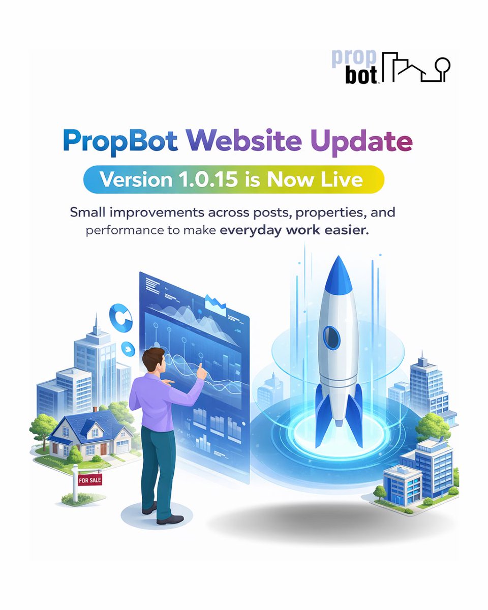 PropBot_com's tweet image. PropBot v1.0.15 is live.

Easier property edits, cleaner posts, smoother updates across the platform.

Explore the new website version 
→ propbot.com

#PropBot #PropTech #PropertyManagement #RealEstateSoftware #WebsiteUpdate #LandlordTools #SmartProperty