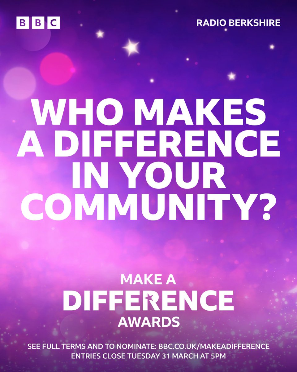 If there’s someone who really makes a difference in your community, give them the recognition they deserve! 🥰

 Nominate them now for a BBC Radio Berkshire Make a Difference Award. 🏆

📲 See a full list of categories and our terms: bbc.in/46ZnNbN