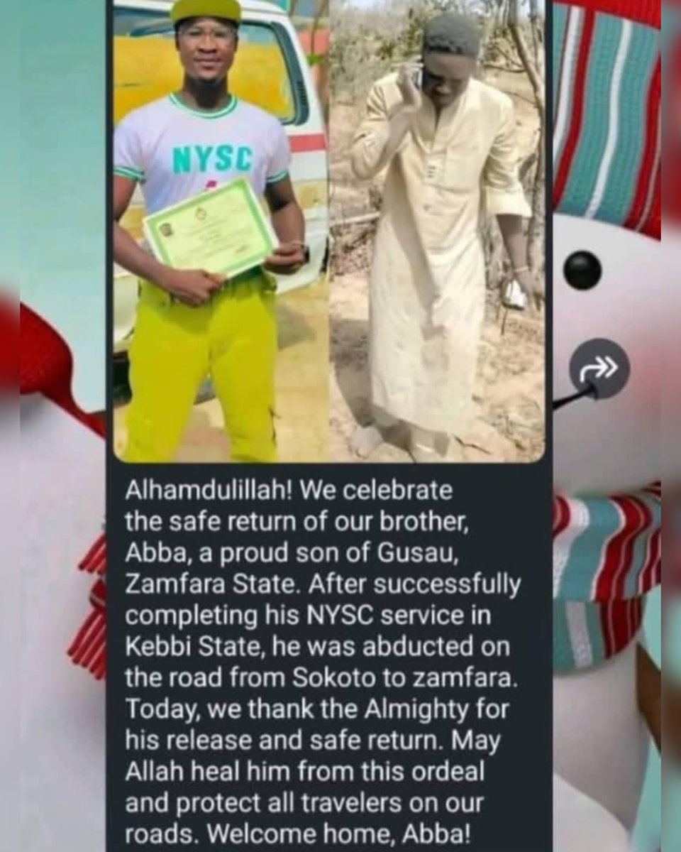 Northern_Media_'s tweet photo. Alhamdulillah! We celebrate the safe return of our brother, Abba, a proud son of Gusau in Zamfara State. After successfully completing his NYSC service in Kebbi State, he was abducted while travelling on the road from Sokoto to Zamfara.

Welcome home, Abba. 🤲 https://t.co/2C4gVDY4c9