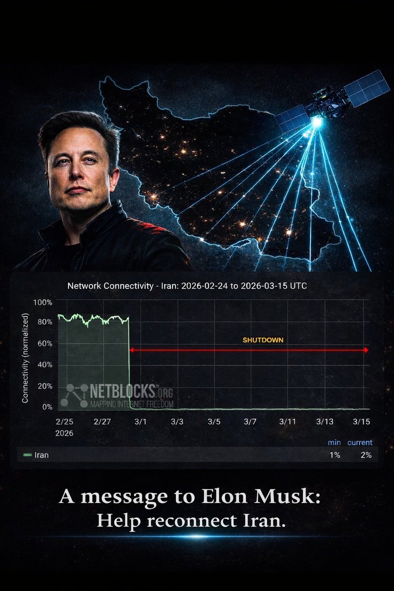 FullOfAntibody's tweet photo. Dear @elonmusk ,

The Iranian people's voices have been silenced by the islamic regime via the internet blockade, and they have NOTHING to lose, only their chains.

Please, unleash any tech, tested or not, to flood Iran's skies with internet.  

#DigitalBlackOutIran‌ 
#KingRezaPahlavi‌ForIran