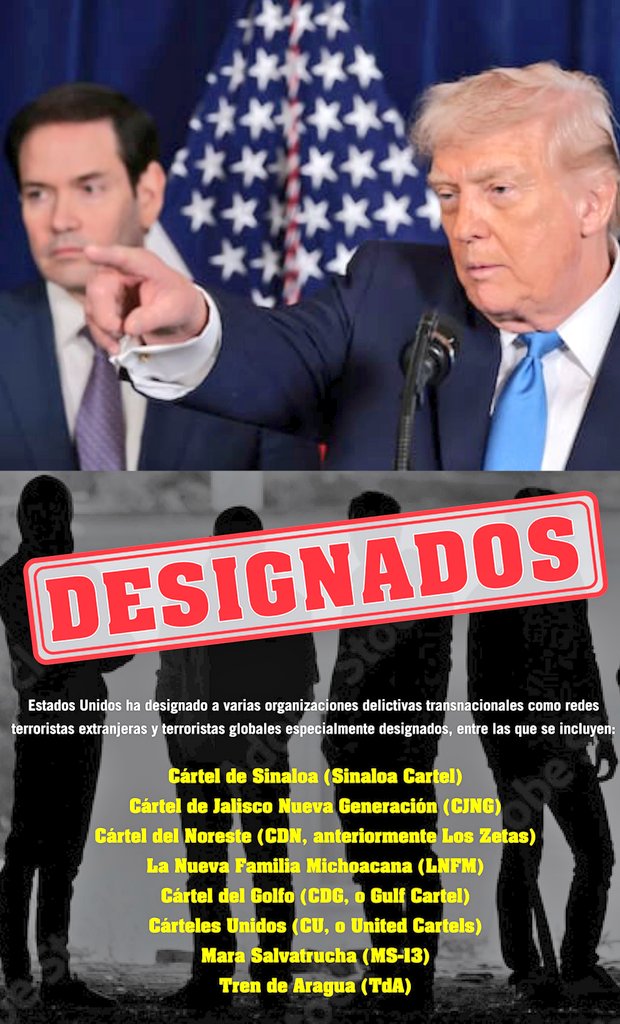 🚨🇺🇸 | ÚLTIMO – ¡EXCELENTES NOTICIAS!
El gobierno de Donald Trump, acaba de publicar la lista de organizaciones consideradas como TERRORISTAS, entre ellas están el Cartel de Sinaloa, CJNG, Cartel de los Zetas, MS13 y Tren de Aragua. Es cuestión de tiempo que empiecen a caer los