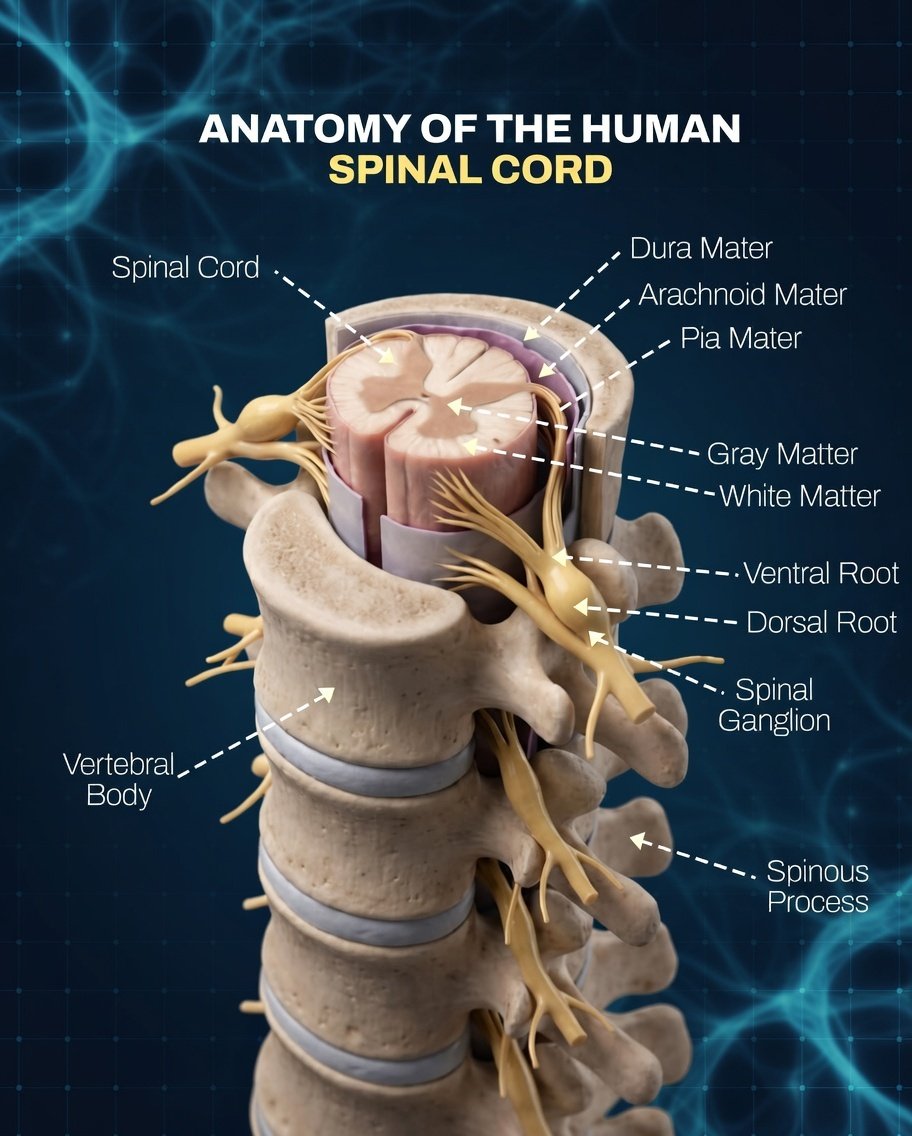 codexbrain11's tweet image. The spinal cord runs through ur spine,carrying signals between brain &amp;amp; body.Protected by 3 meninges (dura,arachnoid,pia).Gray matter (butterfly shape) processes,white matter transmits.Spinal nerves exit via dorsal+ventral roots for movement &amp;amp; sensation
#SpinalCord #Science #Brain