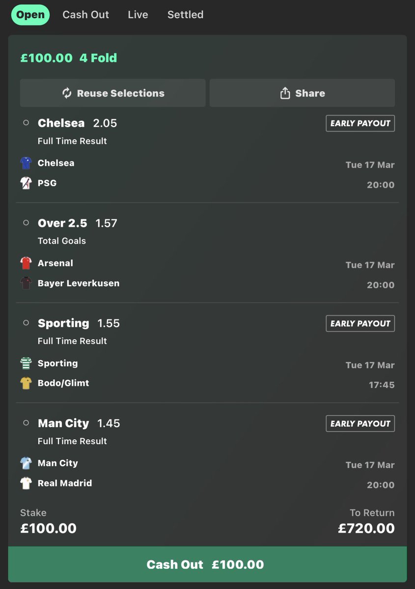 The BEST best Champions League bet acca of all Time😍

• £100 INTO £720.00💷
• Fully researched

IF THIS WINS I WILL GIVE AWAY £1000 to 2 PEOPLE WHO ❤️ ,COMMENT ‘yes  &amp; RETWEET THIS POST🤞

BRING IT ON🤌