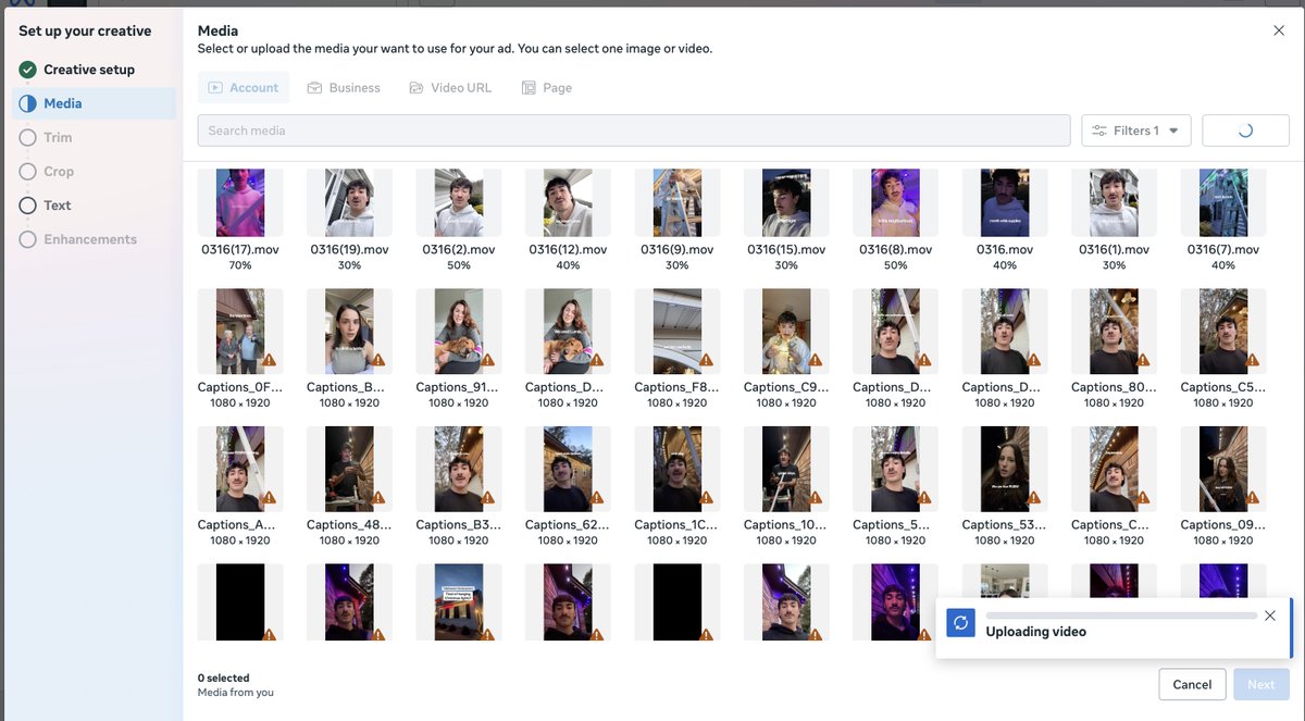 Your home service meta ads don't work because you recorded 3 selfie videos, maybe a timelapse, and expected to start printing with a 10x ROAS.

After recording 100+ unique videos - different hooks, formats, messaging, etc.

It takes dozens of videos to find a winner. Start with a