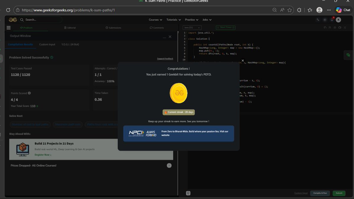 krishnkumar989's tweet photo. Day 26 of #GeekStreak60 ✅

Solved today’s POTD on GeeksforGeeks as part of the 60-day challenge powered by NPCI.

26 days of showing up and staying consistent. 🚀

#npci #dsa #problemsoftheday #codingjourney #consistency

@geeksforgeeks @NPCI_NPCI https://t.co/CPholjGzwe