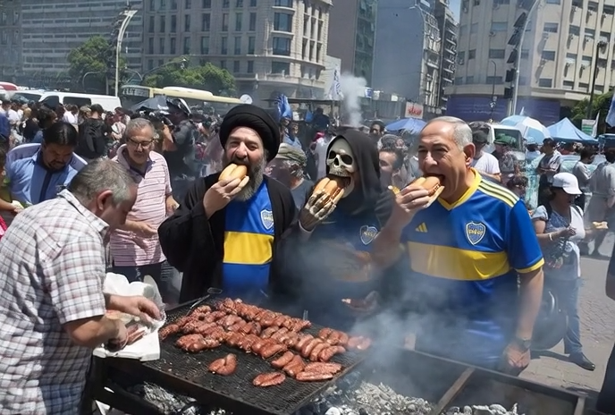 Free_Soul_Mia's tweet photo. Yesterday, Sunday, Benjamin Netanyahu was seen eating a choripán at a street stall near the Unión de Santa Fe stadium in Argentina. In the photo, he is seen sharing the famous "Chori Argento" with Ayatollah Jr. and an unidentified man. The photo was taken before the match between Unión de Santa Fe and Boca Juniors.