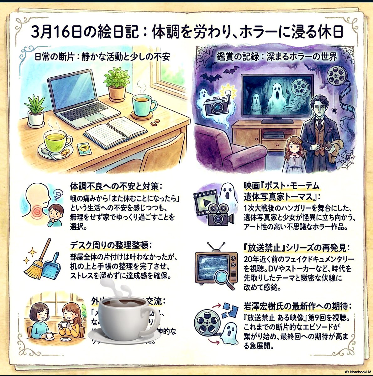 airport1962's tweet image. #日記 #AI絵日記
#notebook LM
260316(休)

喉の痛みで体調が万全でなかったので、家で過ごした。ただし、業務連絡もあったので、夕方めいぴんへ(→ALT)
不安を抱えつつも、デスク周りを整えて気分転換。
映画『ポスト・モーテム』や『放送禁止』シリーズを鑑賞し、緻密なホラーの世界に浸りました。