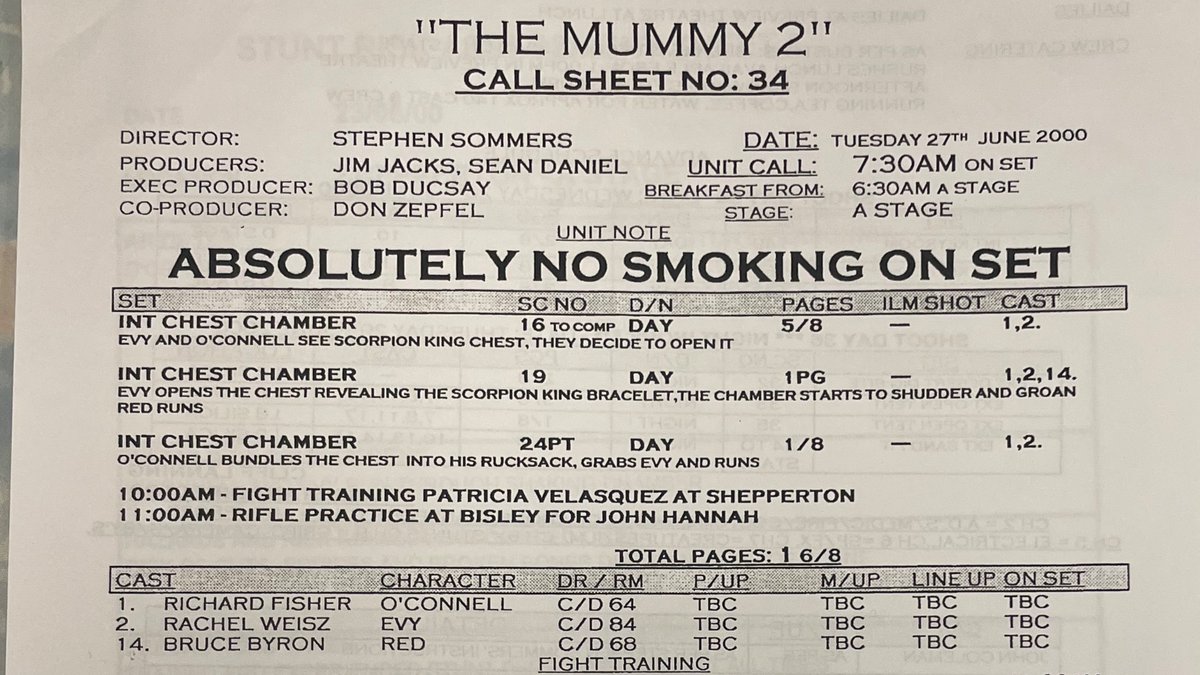 themummia's tweet photo. What stands out to you about this call sheet from “The Mummy 2”

#themummyreturns #callsheet https://t.co/LqDfCVUYsa