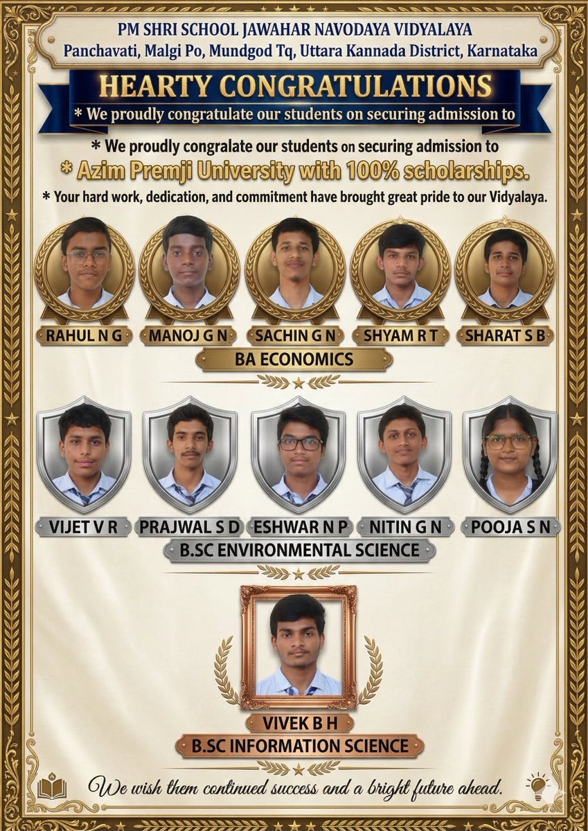 jnvuttarakannad's tweet photo. Big shoutout to the JNV Uttara Kannada students! 🎉 Securing 100% scholarships to Azim Premji University is a huge achievement! Proud of you all! 👏 #NVS #JNV #AzimPremjiUniversity #NVS  @EduMinOfIndia
@NVS_HQ @nvsrohyd @NVSCommissioner https://t.co/HhFYTKldk5