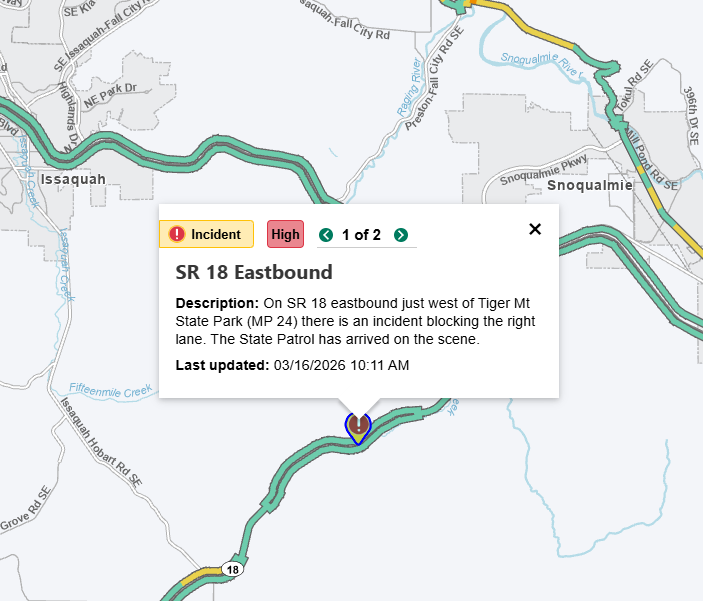 UPDATE: Eastbound SR 18 is now CLOSED from Issaquah-Hobart Rd to I
