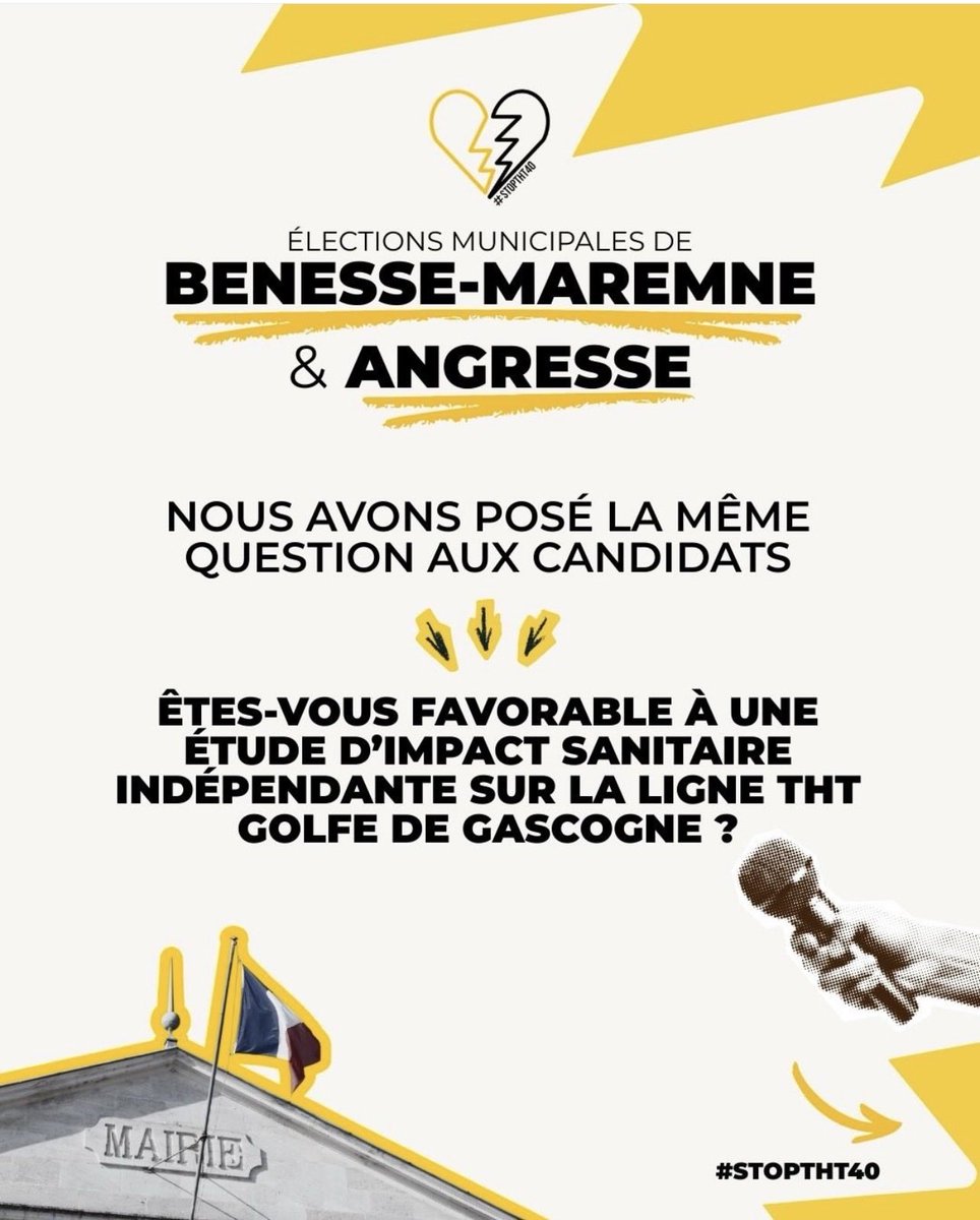 StopTHT40's tweet photo. ELECTIONS MUNICIPALES de BENESSE-MAREMNE et ANGRESSE
Nous avons posé la même question aux candidats :
"Êtes-vous favorable à une étude d'impact sanitaire indépendante sur la ligne THT Golfe de Gascogne ?"
#Angresse #BenesseMaremne #THT #400000volts https://t.co/D4TgWe6nFa