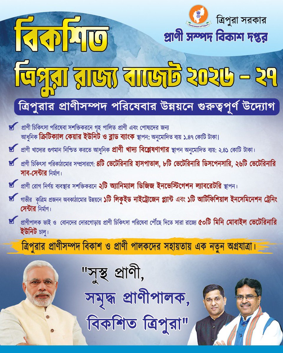 বিকশিত ত্রিপুরা বাজেট ২০২৬-২৭

 ত্রিপুরার প্রাণীসম্পদ পরিষেবার উন্নয়ন ও প্রাণী পালকদের সহায়তাত ২০২৬-২৭ অর্থবর্ষের রাজ্য বাজেটে বিভিন্ন গুরুত্বপূর্ণ পদক্ষেপ গ্রহণ করা হয়েছে।
 
#ViksitTripuraBudget #BudgetSession2026_27