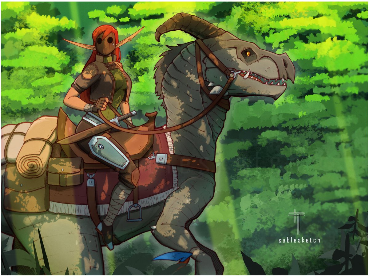 Vi on her Raptor

Lore about my girls is scattered around but I do like to post snippets of it. Vi has a raptor named Yooka. Her tribe, the Lost, use dinosaurs in everyday life - namely as mounts, in battle, and as pets. Since Vi wanders a lot, Yooka makes travel quick