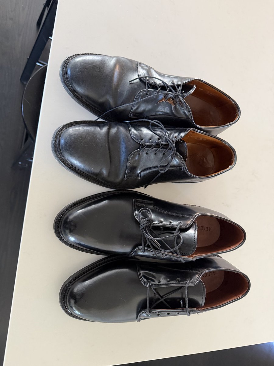 frederickacomb's tweet photo. My old Allen Edmonds .@allenedmonds Leeds Shell Cordovan plain-toe bluchers developed a tear for some reason, but I liked them so much I bought a new pair. I think the old pair were about 15 years old and have traveled the word with me, in jeans and in suit. https://t.co/bcGhYoHom7