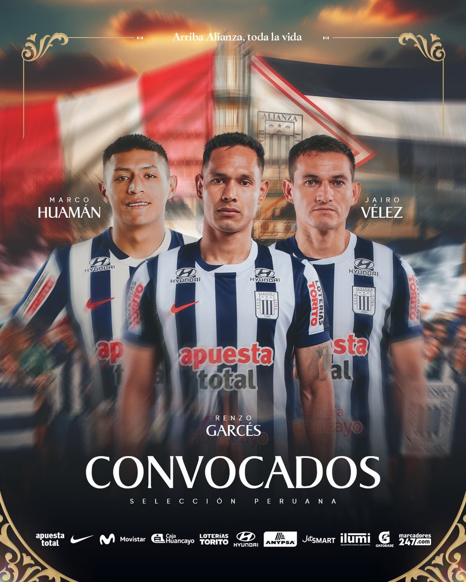 ClubALoficial's tweet image. ¡𝐂𝐎𝐍𝐕𝐎𝐂𝐀𝐃𝐎𝐒! 🇵🇪⚪️🔵

Renzo Garcés, Marco Huamán y Jairo Vélez han sido convocados a la @SeleccionPeru para disputar los partidos amistosos ante Senegal y Honduras. 

¡𝐕𝐚𝐦𝐨𝐬 𝐜𝐡𝐢𝐜𝐨𝐬! 💪🏾

#ArribaAlianza
#ArribaPerú