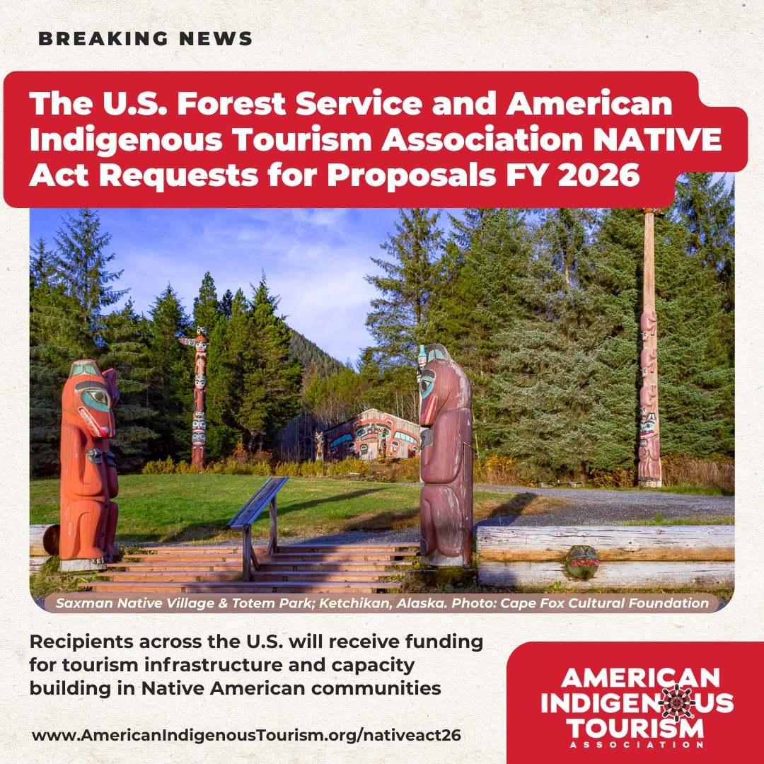 OfficialAIANTA's tweet image. 📢 In partnership with @forestservice, we're happy to release FY 2026 NATIVE Act Request for Proposals.

#Grants of up to $50K support Tribal #tourism, #recreation, and cultural interpretation projects.

📅 Deadline: May 1, 2026
🔗 AmericanIndigenousTourism.org/nativeact26-rfp
#forests #Indigenous