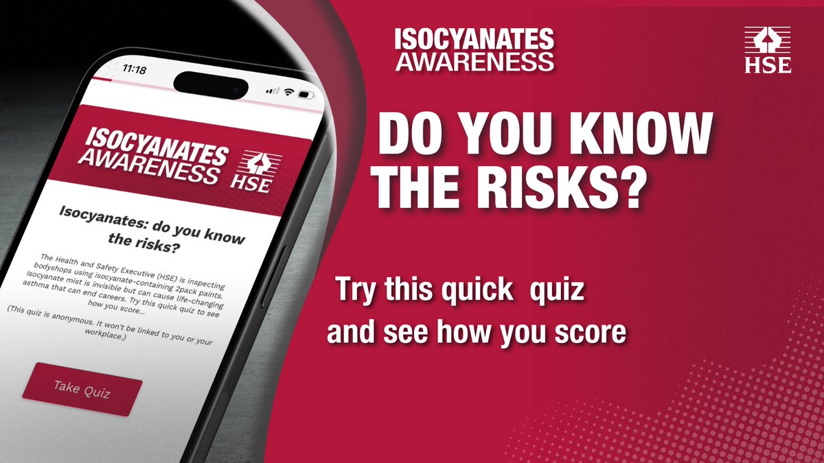 H_S_E's tweet image. Do you know when it’s safe to remove your RPE – or how often your spray booth needs testing? These details matter. Isocyanate exposure can cause life‑changing occupational asthma. 

👉Take our short, anonymous quiz: hse-hse.involve.me/isocyanates 

#Isocyanates #COSHH  #HSE