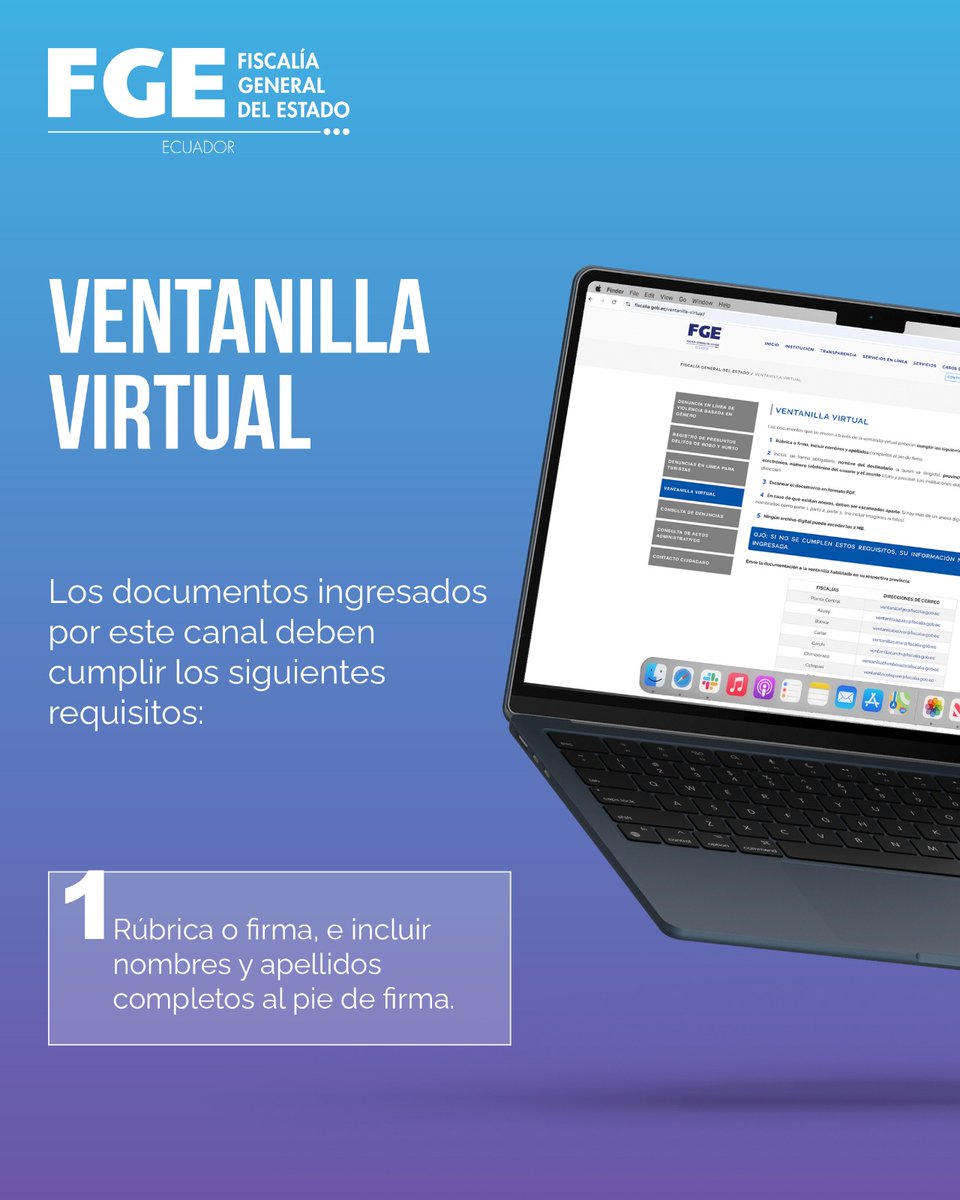 FiscaliaEcuador's tweet photo. ¿Vas a enviar documentos a través de la #VentanillaVirtual de #FiscalíaEc?
Revisa los requisitos y encuentra el correo electrónico asignado para cada provincia.
🔗 https://t.co/FBAQyic9Ar https://t.co/s18Ck3knTj