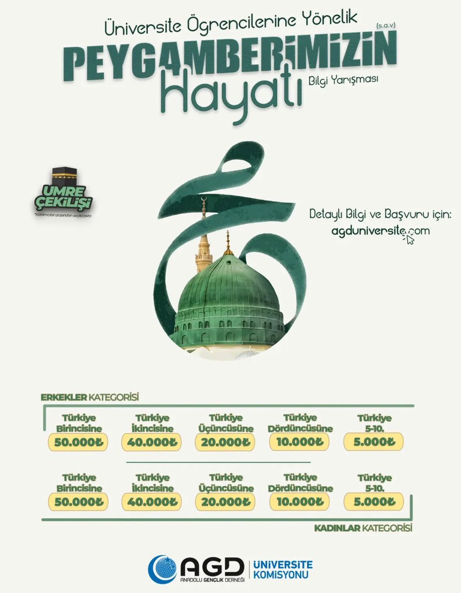 Üniversite öğrencilerine yönelik “Peygamberimizin (s.a.v) Hayatı Bilgi Yarışması” düzenlenmektedir.

📅 Son Başvuru Tarihi: 19 Nisan
📝 Sınav Tarihi: 3 Mayıs📢

Yarışma ile ilgili başvuru ve detaylı bilgi aşağıdaki adreste yer almaktadır.

🌐 agduniversite.com