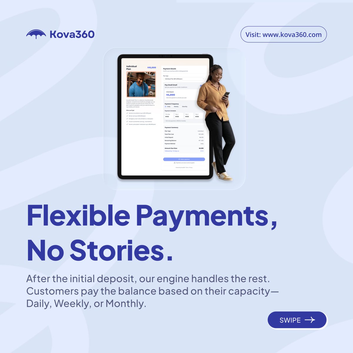 _kova360's tweet photo. HMOs are often skeptical of "pay small-small" because of payment consistency. We get it. That’s why Kova360 puts the power in your hands:

You set the initial deposit. We automate the daily/weekly balance. Interest-backed returns for your HMO. 

DM for the Partnership Deck. 📩 https://t.co/KpIZrAROAt