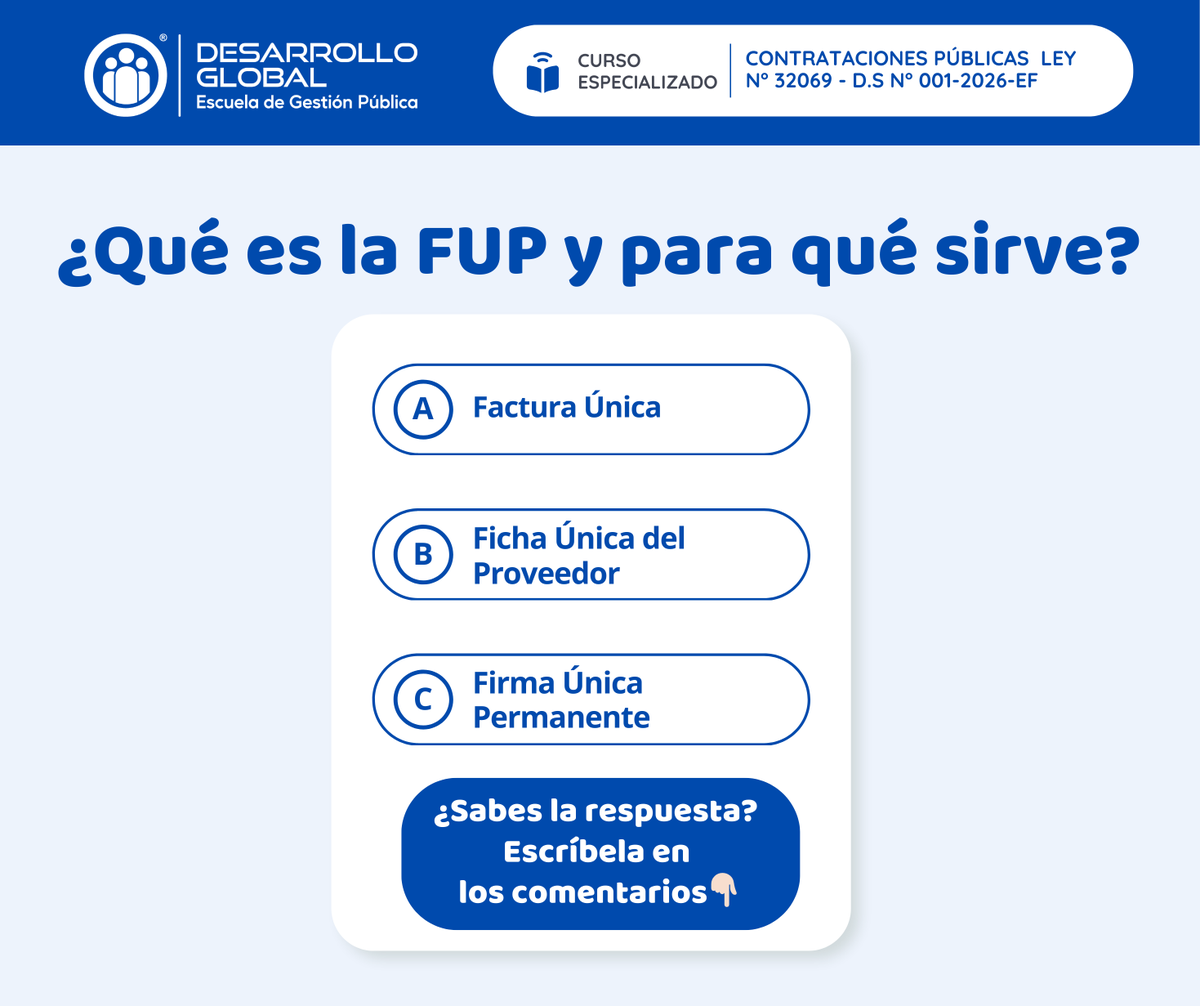 DezaGlobal's tweet photo. Trivia del día – Contrataciones del Estado

¿Sabes qué es la FUP y para qué sirve? 🤔

💬 Escribe tu respuesta en los comentarios.
📌 Más tarde revelaremos la respuesta correcta.
.
.
.
#ContratacionesDelEstado #ComprasPublicas #GestionPublica #ProveedoresDelEstado #SectorPublico https://t.co/7vahPw9frf