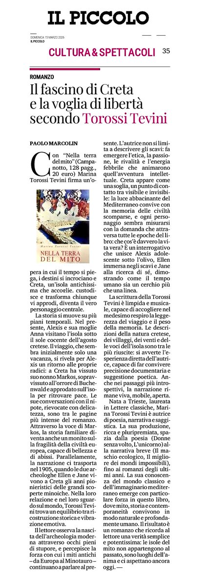 MarinaTorossi's tweet image. Vi mando la recensione pubblicata ieri su Il Piccolo di #Trieste al mio neonato romanzo "Nella terra del mito" ( Campanotto) #Creta #libri #books #archelogia ( cliccate sopra per leggerlo).