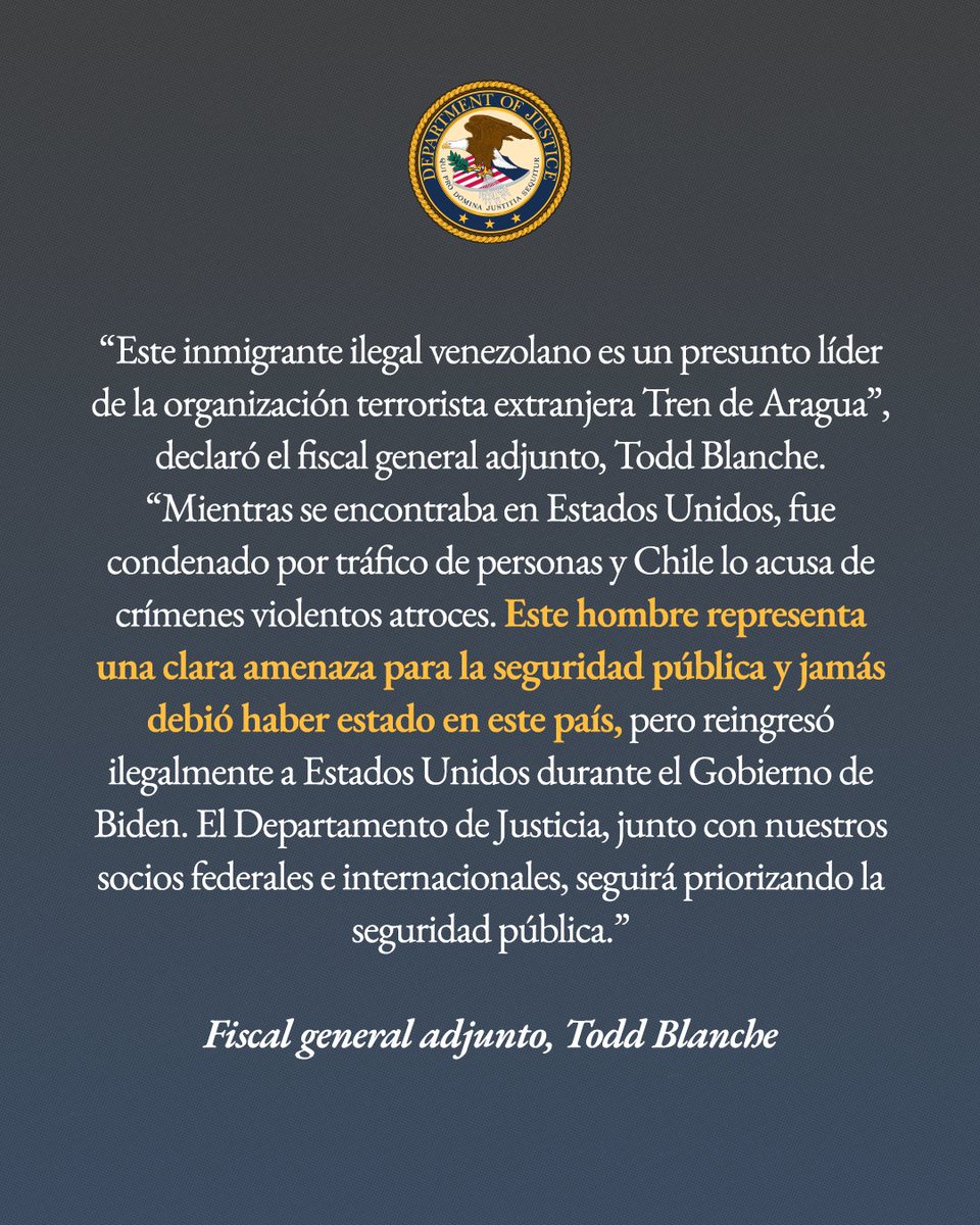 Estados Unidos arresta al presunto líder del Tren de Aragua, acusado en Chile de asociación delictiva, extorsión y secuestro con resultado de homicidio.
<a href="/DOJCrimDiv/">Criminal Division</a> 

🔗: cl.usembassy.gov/es/estados-uni…