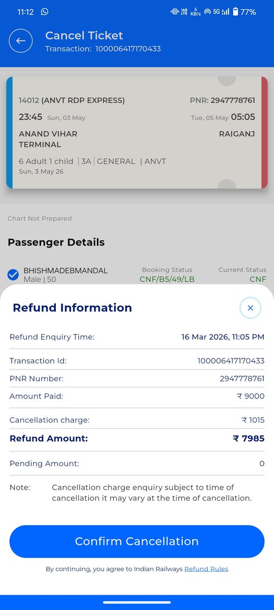 Mangaldeep04's tweet photo. @IRCTCofficial @RailwaySeva @RailMinIndia
Anand Vihar–Raiganj (PNR: 2947778761) and paid for Free Cancellation, but while cancelling it still shows extra cancellation charges. Why? Please resolve. https://t.co/CHXvA77BnS