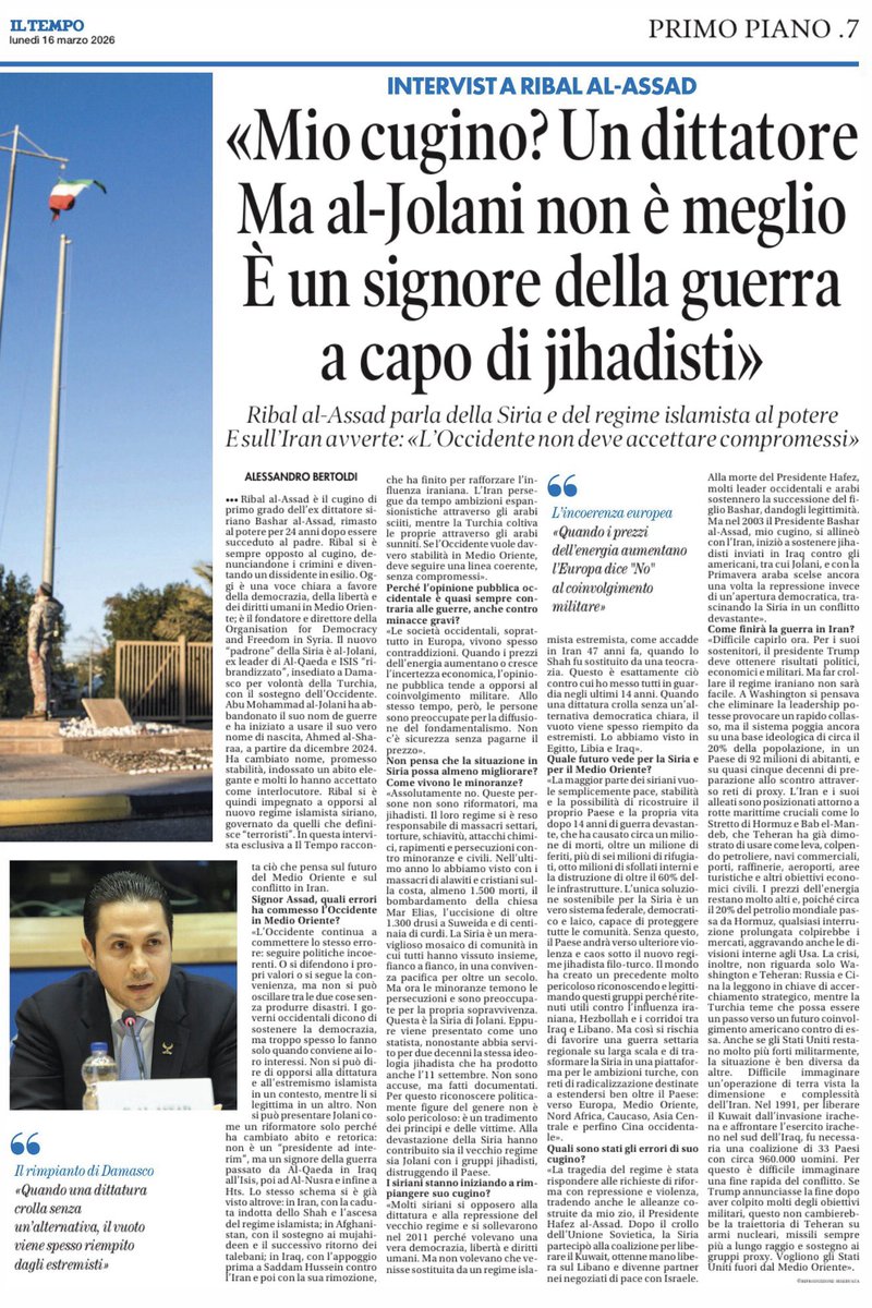 Bertoldi_Ale's tweet photo. La mia intervista a @RibalAlAssad , cugino dell’ex dittatore siriano Bashar e direttore dell’Orgasization for Democracy and Freedom in Syria, su IL TEMPO di oggi… https://t.co/fPcEDnIFGT