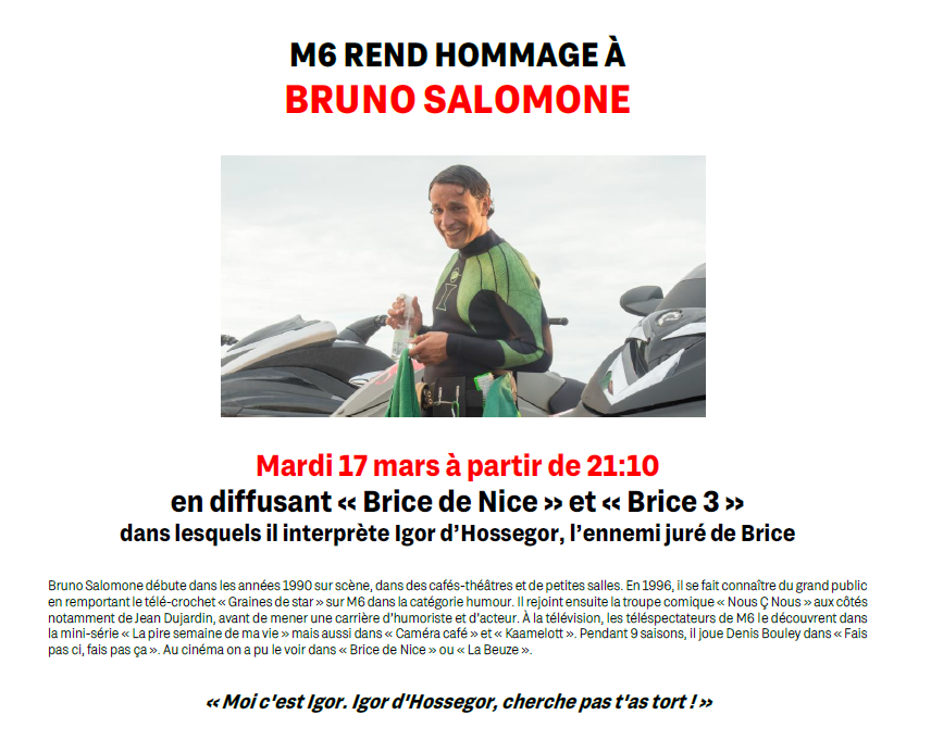 lmarsick's tweet photo. #Deprogrammation La chaine @M6 bouleverse ses programmes ce mardi 17 mars pour rendre hommage à Bruno Salomone.👇 https://t.co/xmWrxhnLgX