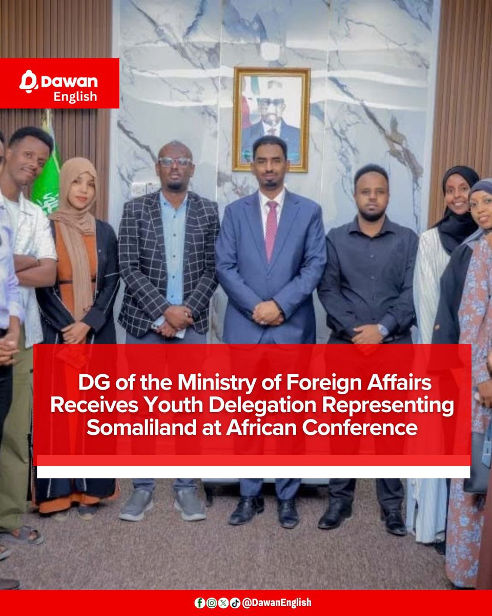DawanEnglish's tweet photo. The DG of the Ministry of Foreign Affairs, Mr. Mohamed Abdirahman, received a SONYO-led youth delegation of 13 heading to the African Youth Leadership &amp; Diplomacy Conference in Addis Ababa. He commended their initiative &amp; urged them to professionally advocate for Somaliland’s . https://t.co/wsfkP9Zs8P