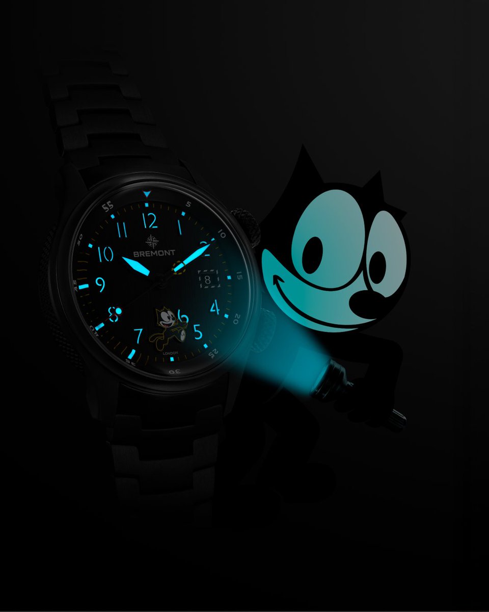 Bremont's tweet photo. The Altitude MB Meteor 'Felix the Cat' features applied numerals and indexes filled with high-grade white Super-LumiNova® (blue emission) for maximum clarity when it matters most.
Discover more now: https://t.co/HDRZO5fKph
#Watchyoursix #BremontxFelixtheCat https://t.co/Y2NMgTFHtM