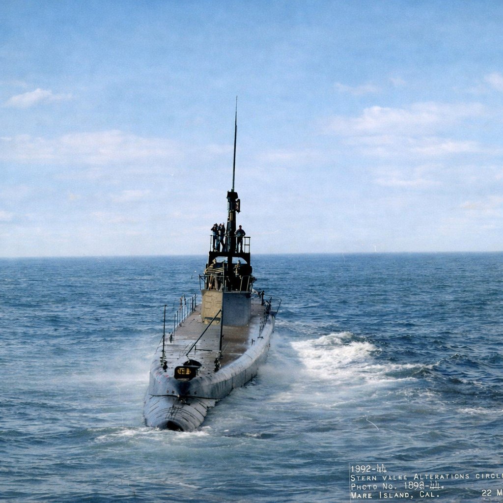 USS Drum sailing on the surface off Mare Island Naval Shipyard, California, United States, 22 Mar 1944