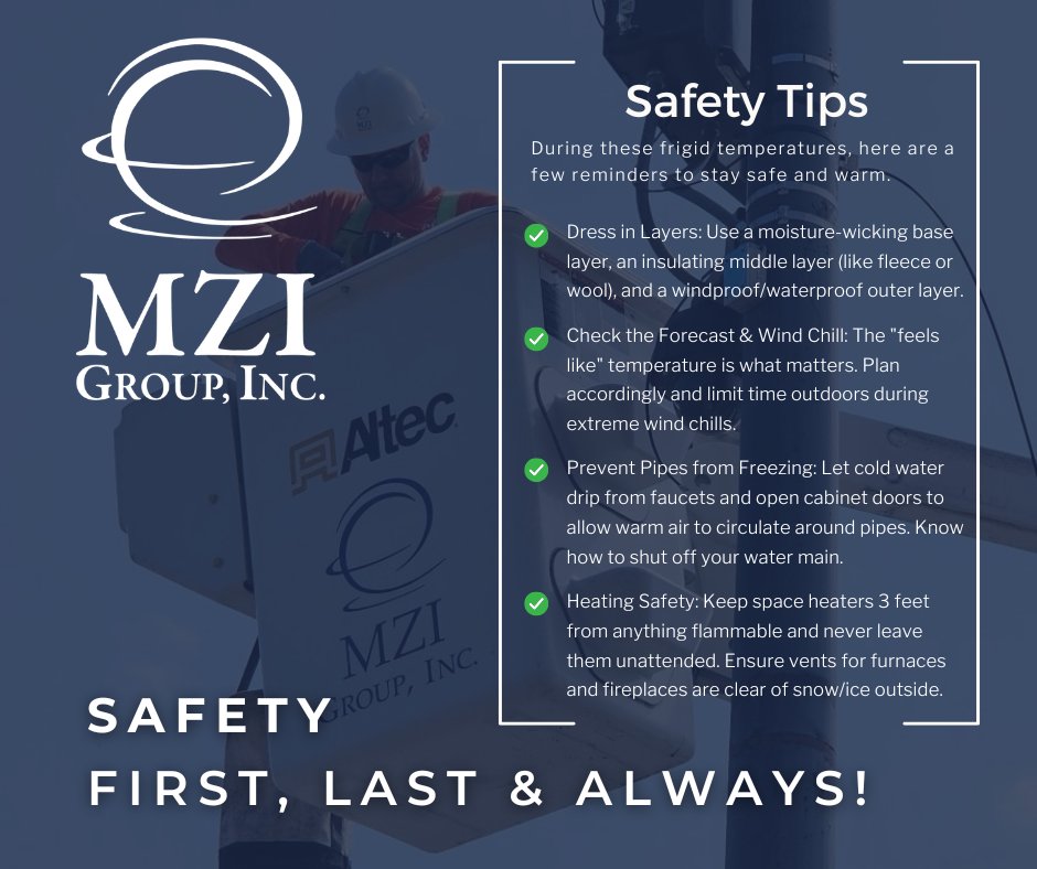 MZIGROUP's tweet photo. Just when we thought spring was here, Old Man Winter decided to make an unexpected return. At MZI Group, safety isn’t just a fair-weather policy, it’s a year-round commitment.
Check out these tips below to stay warm and safe today: https://t.co/5deKG7wTzP