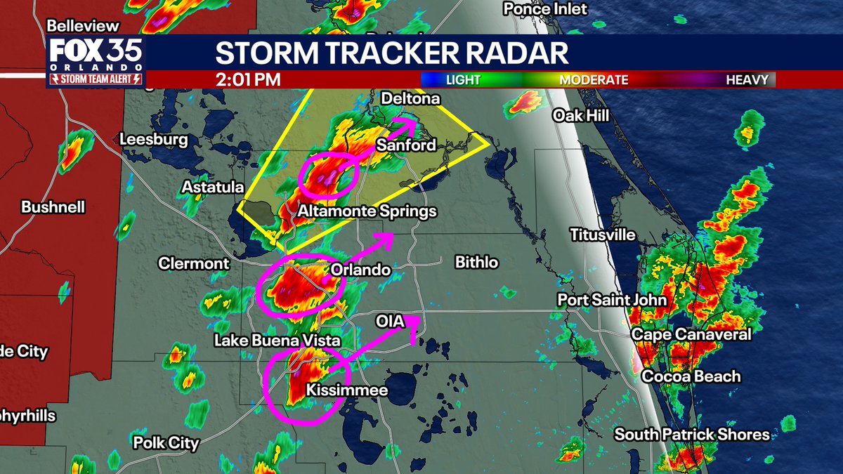 NbergWX's tweet photo. 2PM: Storms are REALLY about to take off. I'm watching three storms that are already rotating. One currently Severe Warned for Seminole County. Large hail up to golf ball size heading towards Heathrow by 2:20PM. Three storms I circled have broad rotation, not a tornado warning yet, but all three may go tornadic in the next 2 hours until they reach the Atlantic Ocean.