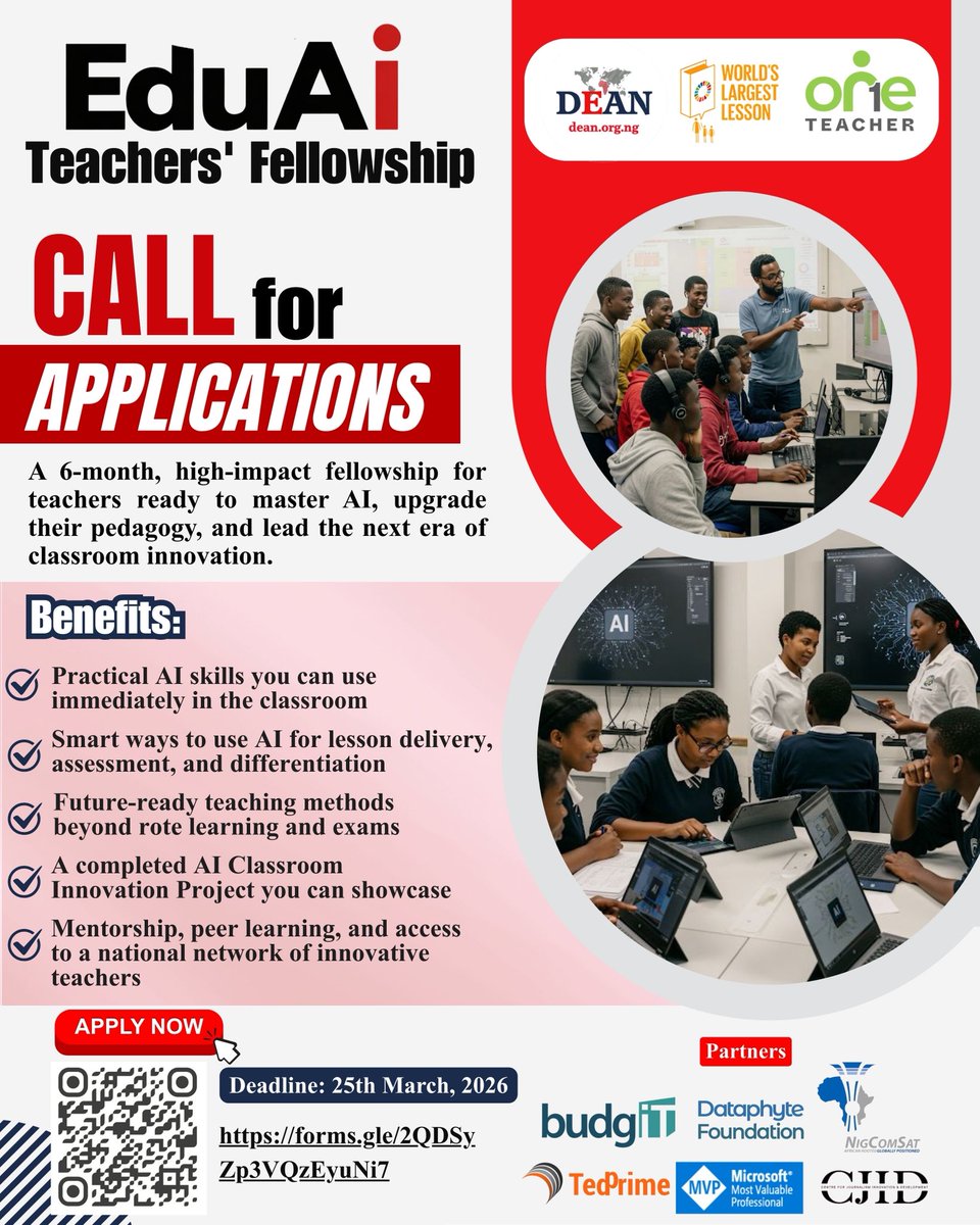 ⏰ Reminder for Teachers!

Applications for the EduAI Teachers’ Fellowship are still open.

This 6-month virtual fellowship will support primary and secondary school teachers to build practical AI skills for lesson planning, instruction, and learner support. Fellows will also