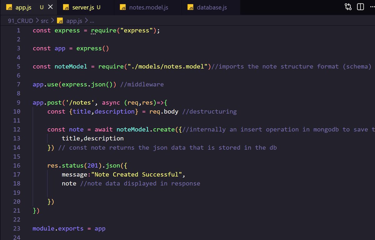 1111Celestial's tweet photo. Day 14:  Continued working with the CRUD operations while applying those on my previous notes functionality backend in order to store the notes created inside the database.

#21DaysOfCode #100DaysOfCode #Backend #nodejs #learninpublic #CodingJourney #javascript https://t.co/N22mVO9Dwp