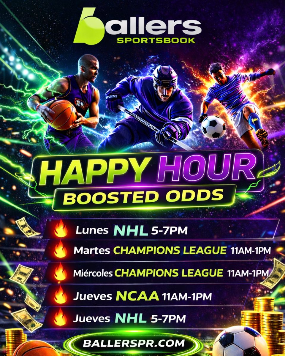 🤑 #BOOSTHAPPYHOURS 🤑 Llévate un #PriceBoost en tus ligas favoritas 🚀 Esta semana hay Happy Hours de #NHL 🏒 #ChampionsLeague ⚽️ y #NCAA 🏀 Por 2 horas te vamos a “boostear” todos los odds de tus apuestas al hockey, al fútbol y al basket colegial, los días incluidos en la