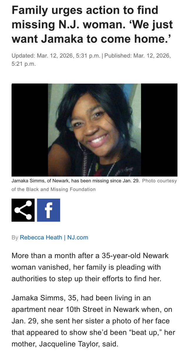Sending thanks to Rebecca Heath from <a href="/njdotcom/">njdotcom</a> for covering Jamaka’s disappearance!

She has been missing since January 29 and her family is searching for the answers to bring her back home. 

Please read more at nj.com. 

#HelpUsFindUs #HelpUsFindJamakaSimms