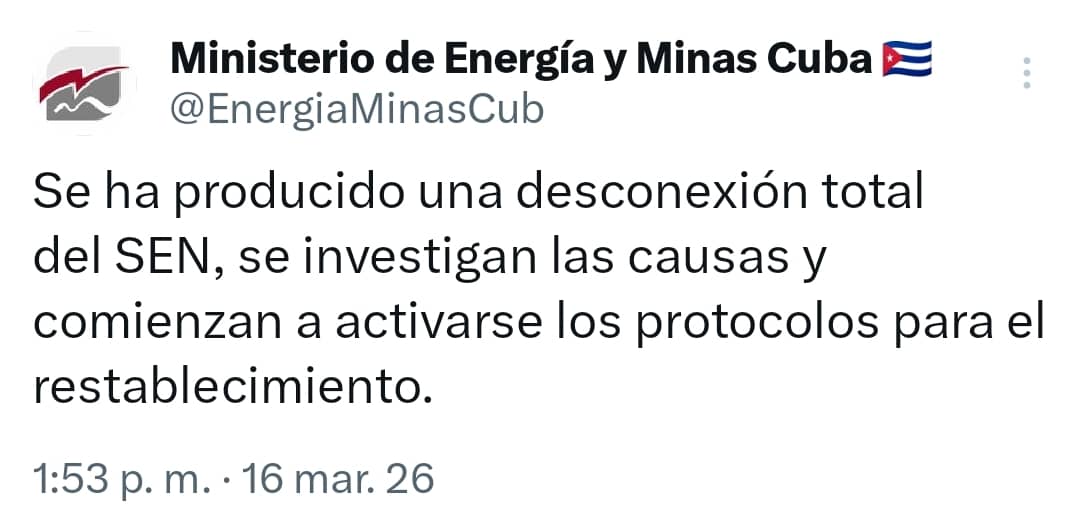 El Sistema Electroenergético #SEN en #Cuba se desconecta por segunda vez en un mismo mes. Todo el país sin servicio eléctrico con un sistema cada vez más debilitado ante la falta de recursos para su reparación y la falta de combustible por el bloqueo de petróleo que impone #EEUU