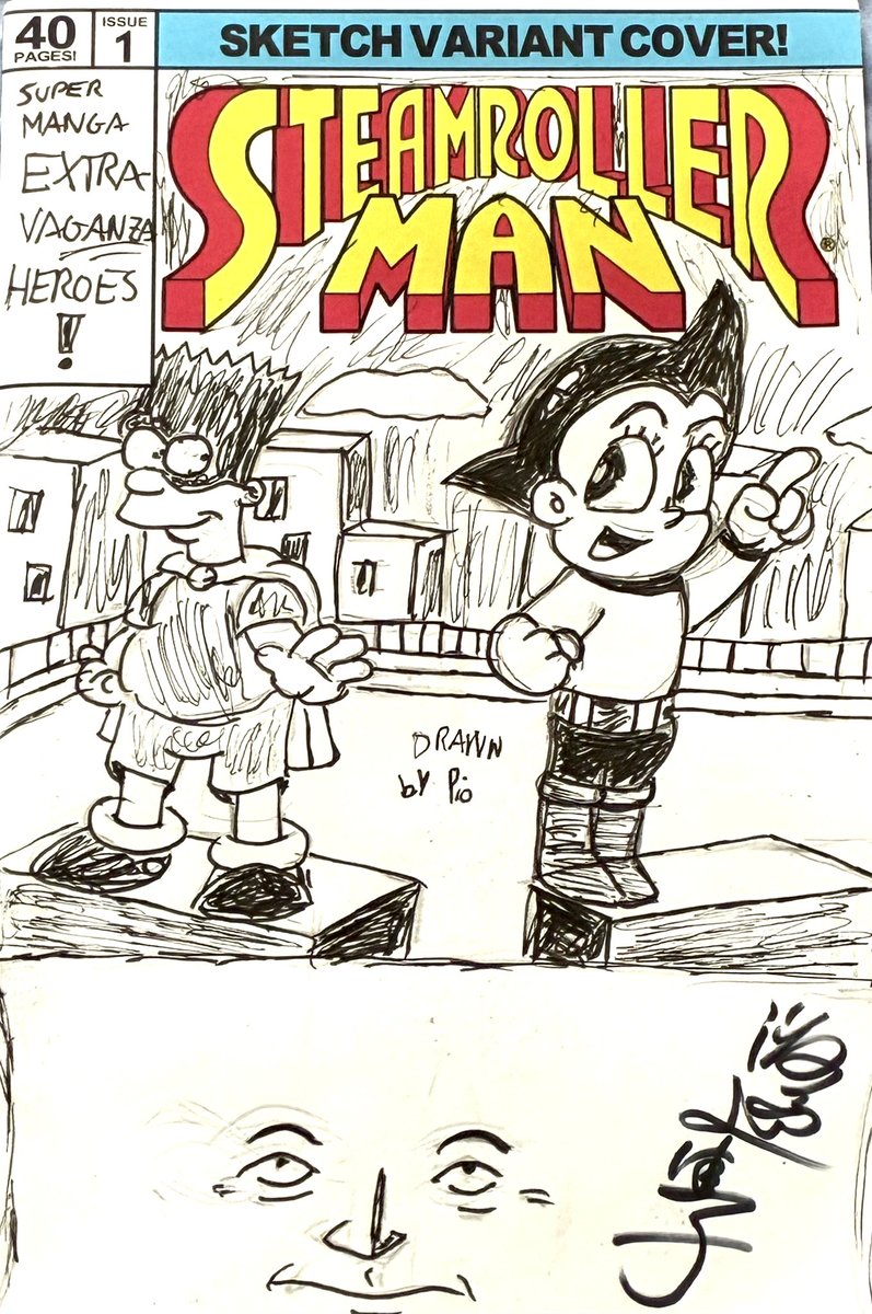 Pio045's tweet photo. 4 universes on a blank cover variant.
Matthew Schofield's #SteamrollerMan meets #TheSimpsons Bartman and #AstroBoy + #Hoppers #art on the back cover. Sketches drawn by me and signed by Yoshiko Watanabe, an artist that worked on 1960's Astro Boy anime and other Tezuka projects ⬇️ https://t.co/mS05OVl9DP