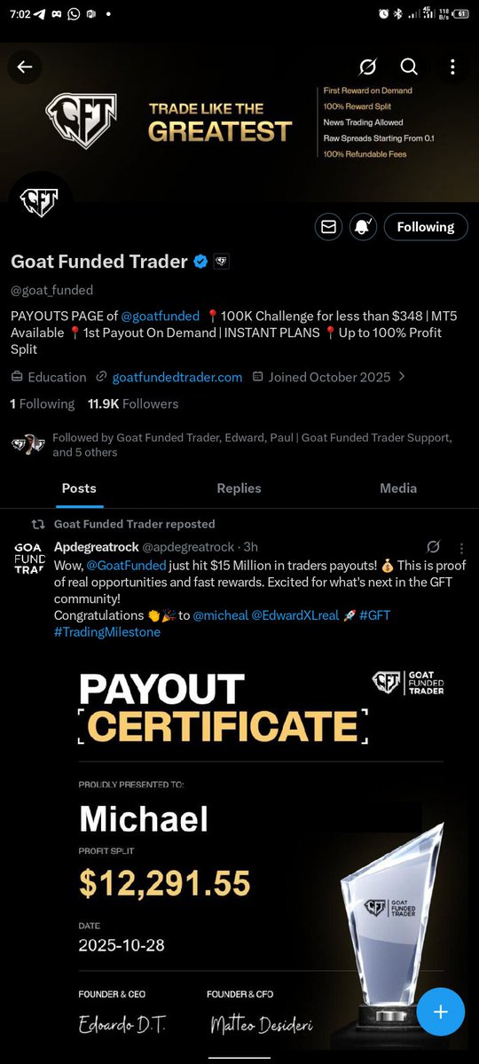 promisedwisdom's tweet photo. @Stevemaris__ @EdwardXLreal @GFT_Partners @ForexRadar_ @goat_funded Let's get going with the G.O.A.T of the propfirm industry 🔥🔥🔥

@InvBigDave_1501 @anioma_a @velour_n_blade https://t.co/9fikTI9414