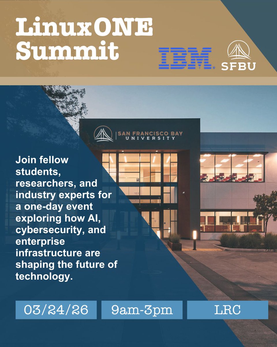 BanafaAhmed's tweet photo. Iโm excited to be speaking at the #IBM LinuxONE Summit hosted at San Francisco Bay University on March 24. This event brings together students, researchers, and industry experts RSVP here: https://t.co/yyH6c8P1Pa #IBM #AI #LinuxOne https://t.co/N2dQWJYtaP