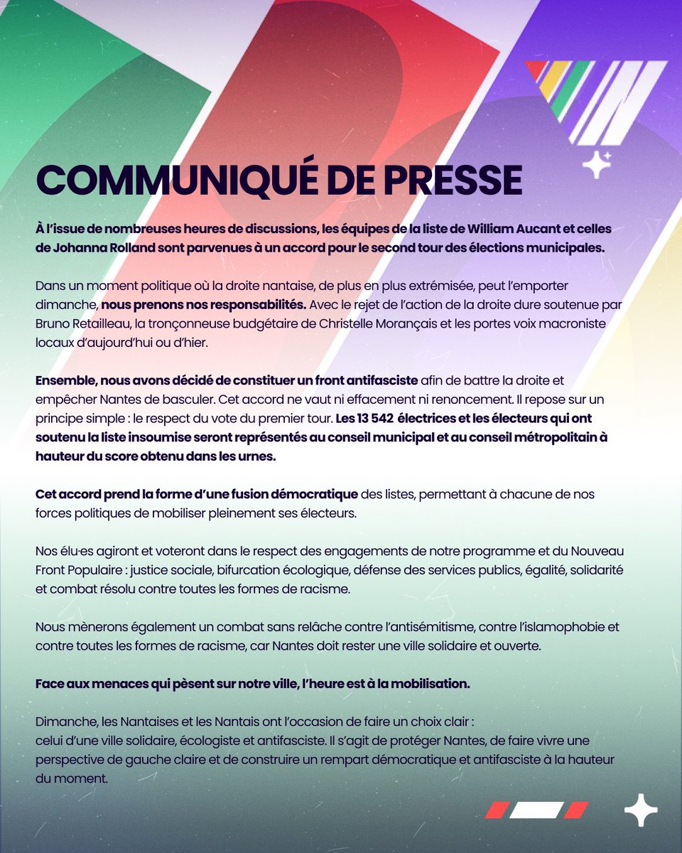 NouvelleNantes's tweet photo. 🤝 Accord conclu ! Pour battre la droite extrémisée et protéger #Nantes, les listes de William Aucant et Johanna Rolland fusionnent pour le second tour.
Un front antifasciste pour la justice sociale et l'écologie. Les 13 542 voix du 1er tour seront représentées ! ✊ #Nantes2026 https://t.co/1cnFqRk4rZ
